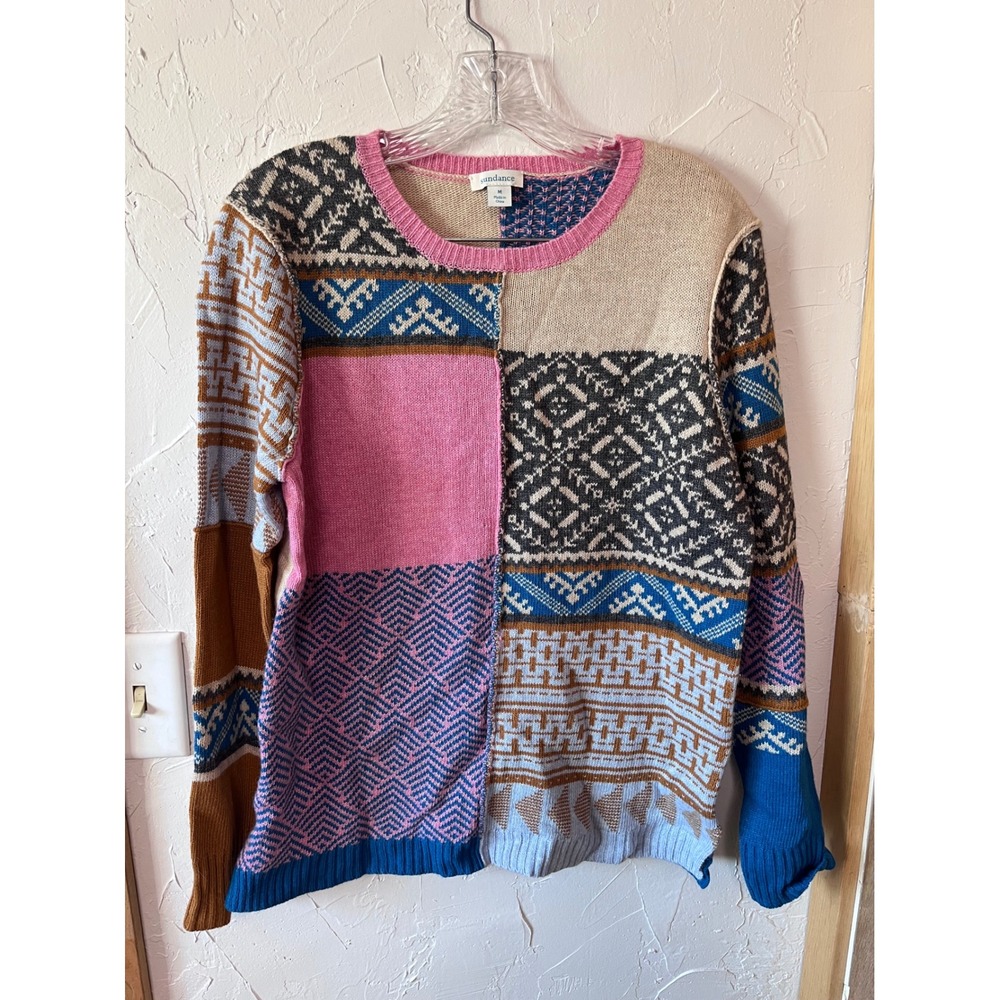 Sundance Womens Patchwork Knit Sweater Multicolor Wool‎ Alpaca Blend Medium Boho